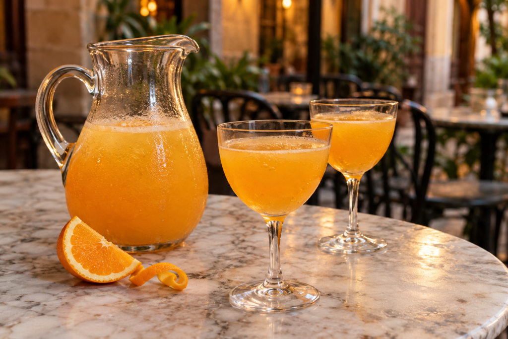 Jug of Agua de Valencia with two cocktail glasses