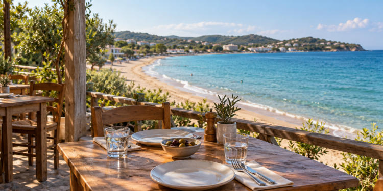 Restaurant terrace overlooking a sandy beach and blue sea
