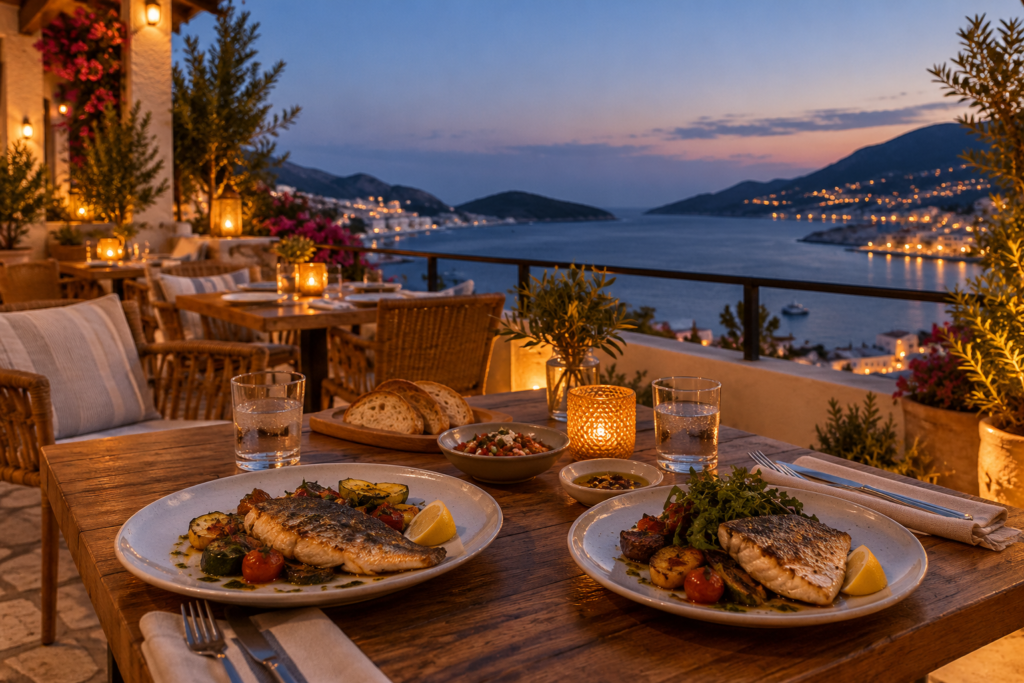 Sea bass dinner for two on a candlelit terrace overlooking the bay