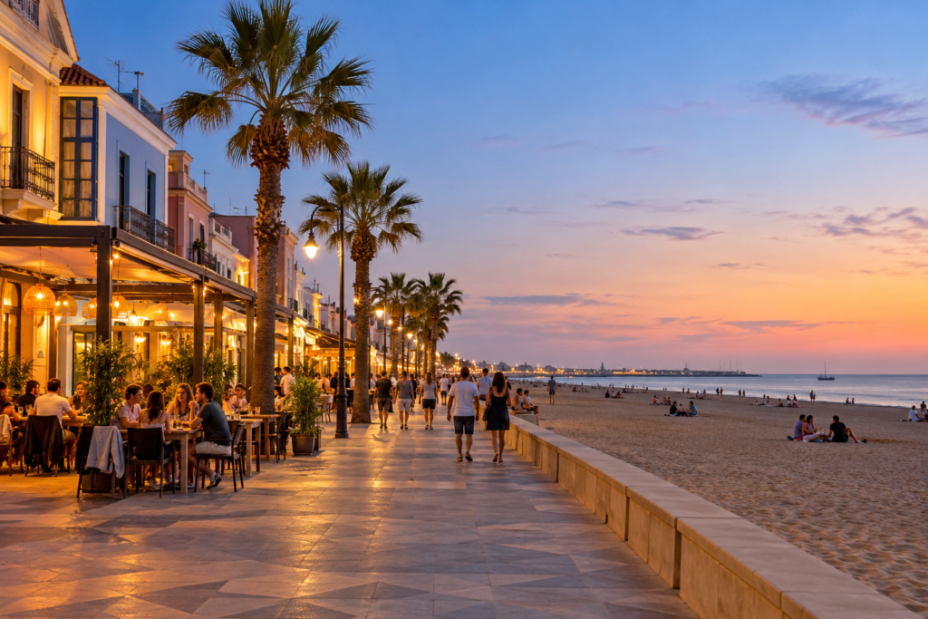Palm-lined seafront promenade with restaurant terraces at dusk