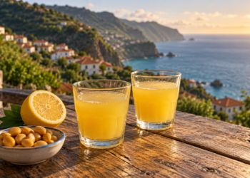 Two glasses of lemon poncha overlooking a coastal bay