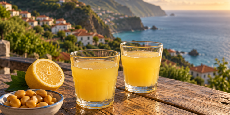 Two glasses of lemon poncha overlooking a coastal bay