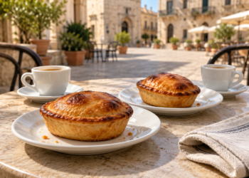 Two golden pasticciotti served with coffee at an outdoor café