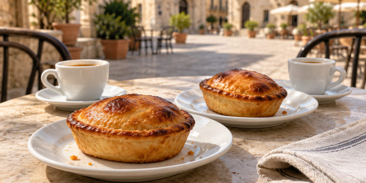 Two golden pasticciotti served with coffee at an outdoor café