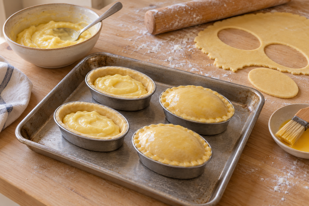 Custard-filled pasticciotti in oval moulds before baking