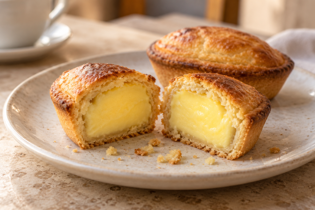 Pasticciotto leccese cut open to show its custard filling