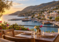 Restaurants in Kalkan terrace overlooking a harbour at sunset