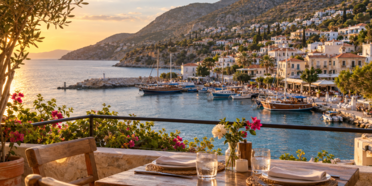 Restaurants in Kalkan terrace overlooking a harbour at sunset