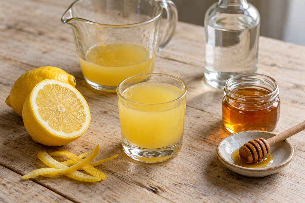 Lemon poncha with fresh lemons, honey and a bottle of clear spirit