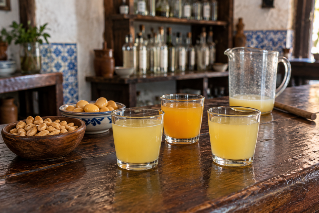Glasses of poncha with peanuts and lupin beans on a wooden bar