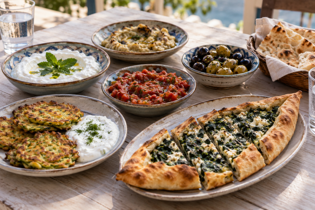 Turkish meze with courgette fritters, dips and spinach and cheese pide